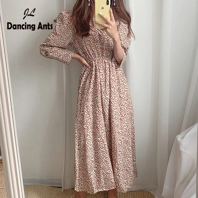 Осеннее женское платье с принтом полупышные рукава o образный вырез а силуэт до