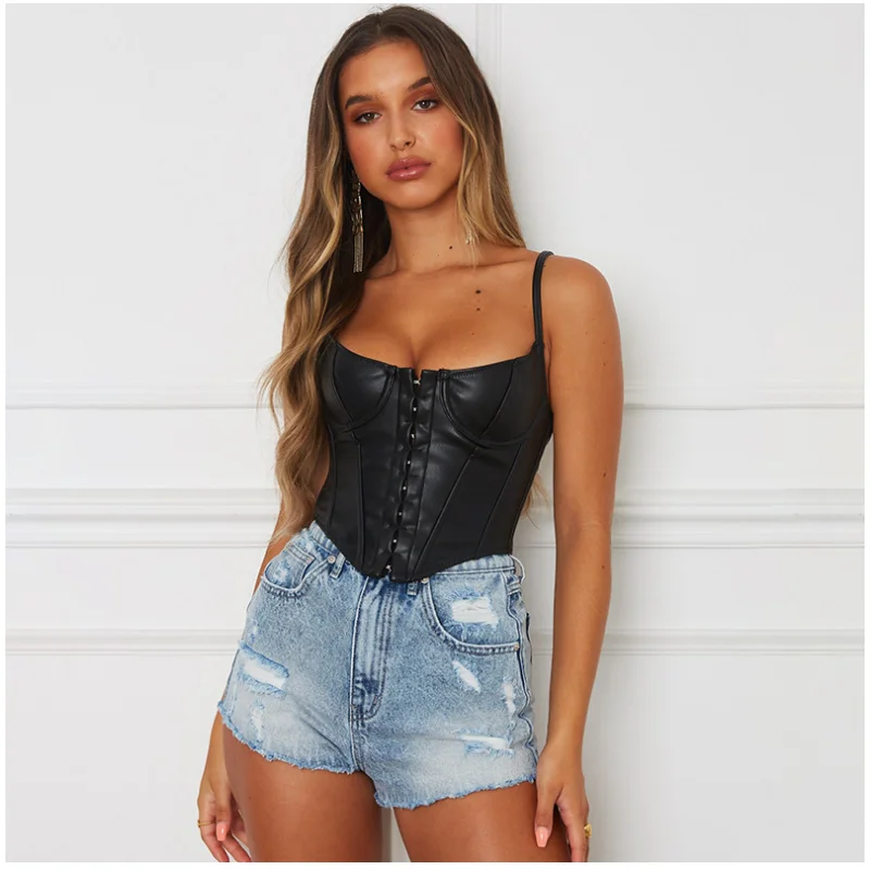 

Women's Fashion Single-breasted Waist Solid Color Sling Vest Sexy Clothes Sleeveless Backless Female Simple Tight Short Tops