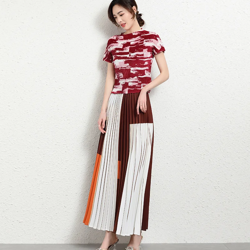 High Waist Skirt Long Skirt Summer  Pleated Striped Print Contrast Color Pleated Skirt Big Swing