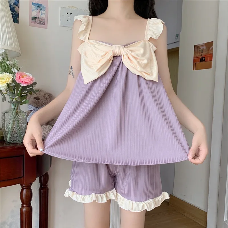 Pajama Set Pullovers Sleeveless Patchwork Bow Ruffles Design Kawaii Shorts Students Summer Sleep Wear Chic Ulzzang Wedding Bride