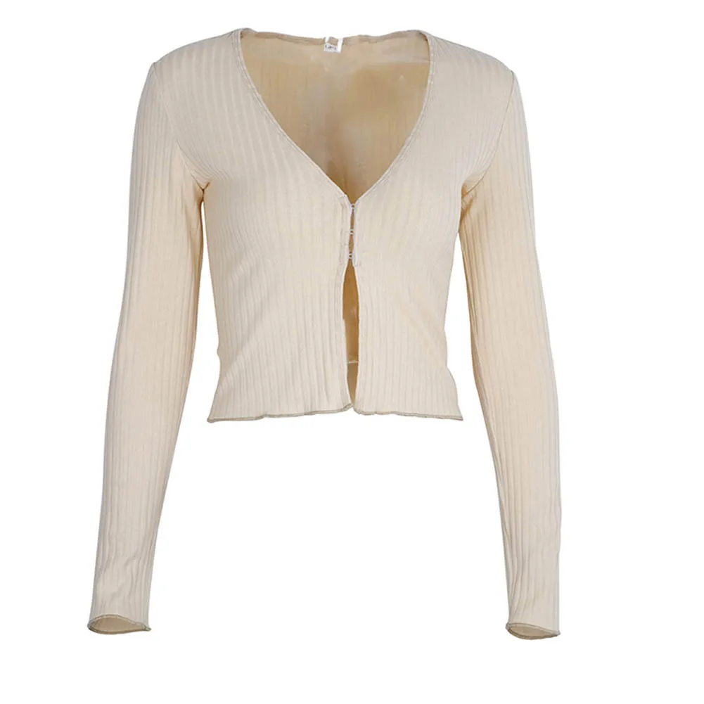 

Womens Long Sleeve V-Neck Cropped Button Down Open Classic Sweater Cotton Knit Cardigan