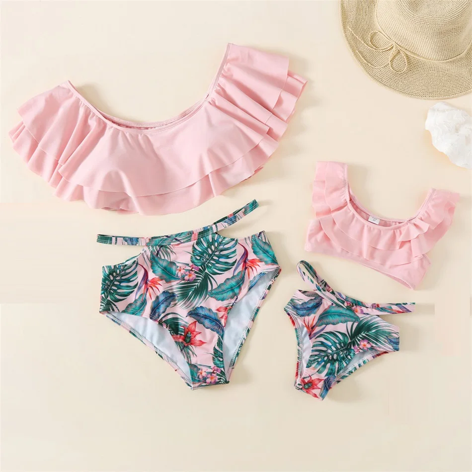 Семейные одинаковые наряды одежда для мамы и ребенка бикини с оборками листьями