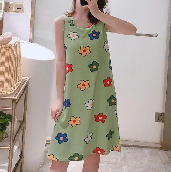 

Nightdress female summer cotton sleeveless vest dress student summer fresh cute chest pad nightgowns women large size nightshirt