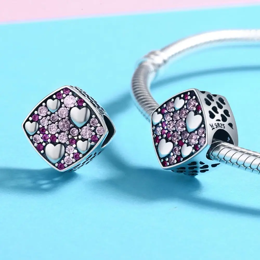 925 Sterling Silver Pink Crystal Heart Square Charm Beads fit DIY Bracelet Jewelry Girlfriend Gift For Friends SCC471 | Украшения и