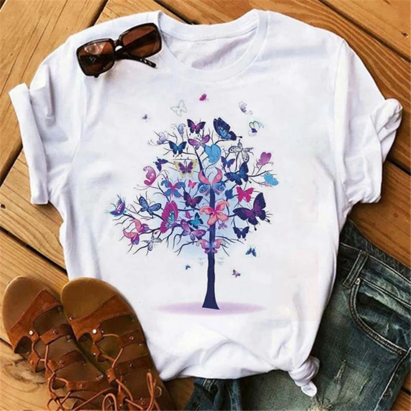 

New Butterfly Tree Printed Women T-shirt Oversized Casual Female White Top Summer Round Neck Clothes 27774