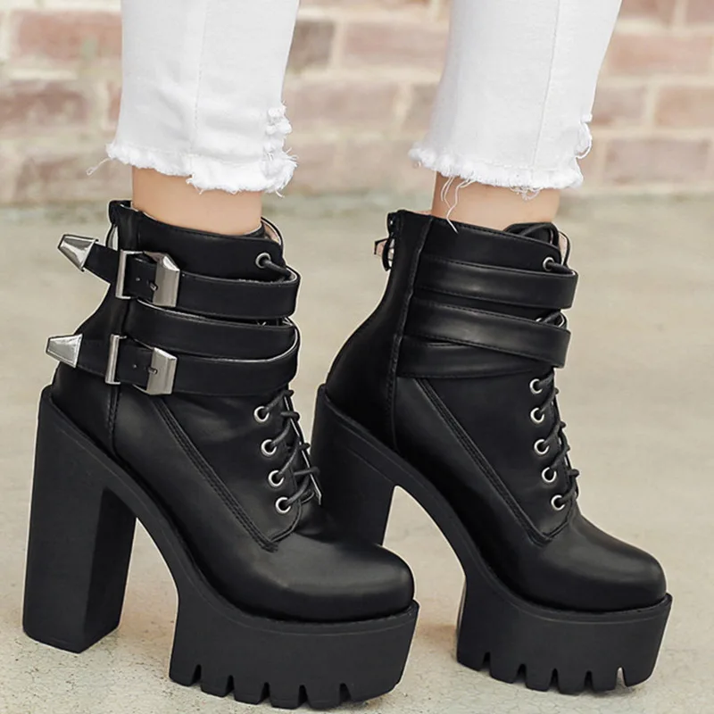 

Blwbyl Spring Autumn Fashion Women Boots High Heels Platform Buckle Lace Up Leather Short Booties Black Ladies Shoes Promotion