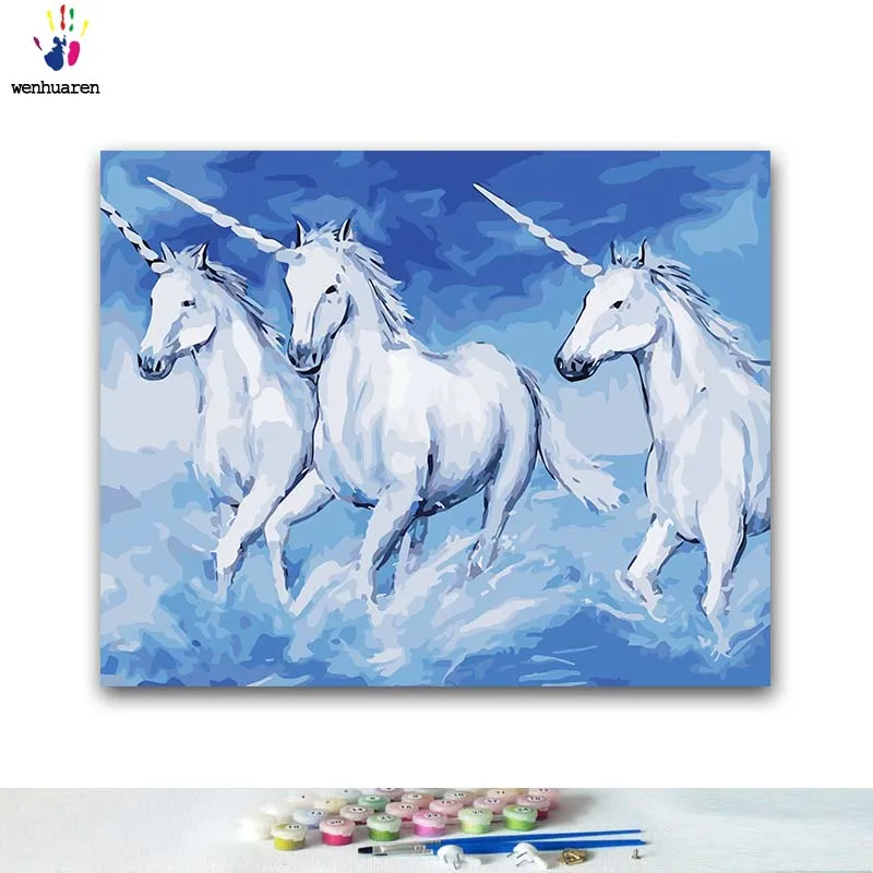 DIY окраска по номерам три Бег с надписью unicorns картины комплекты 40x50