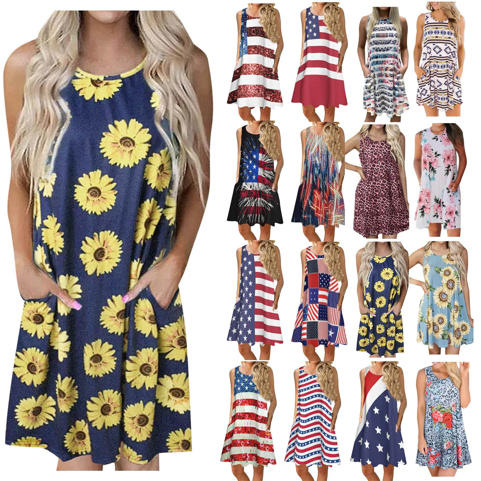 

Women O-neck Summer Sleeveless Flower Print With Pockets Beach A-line Mini Dress