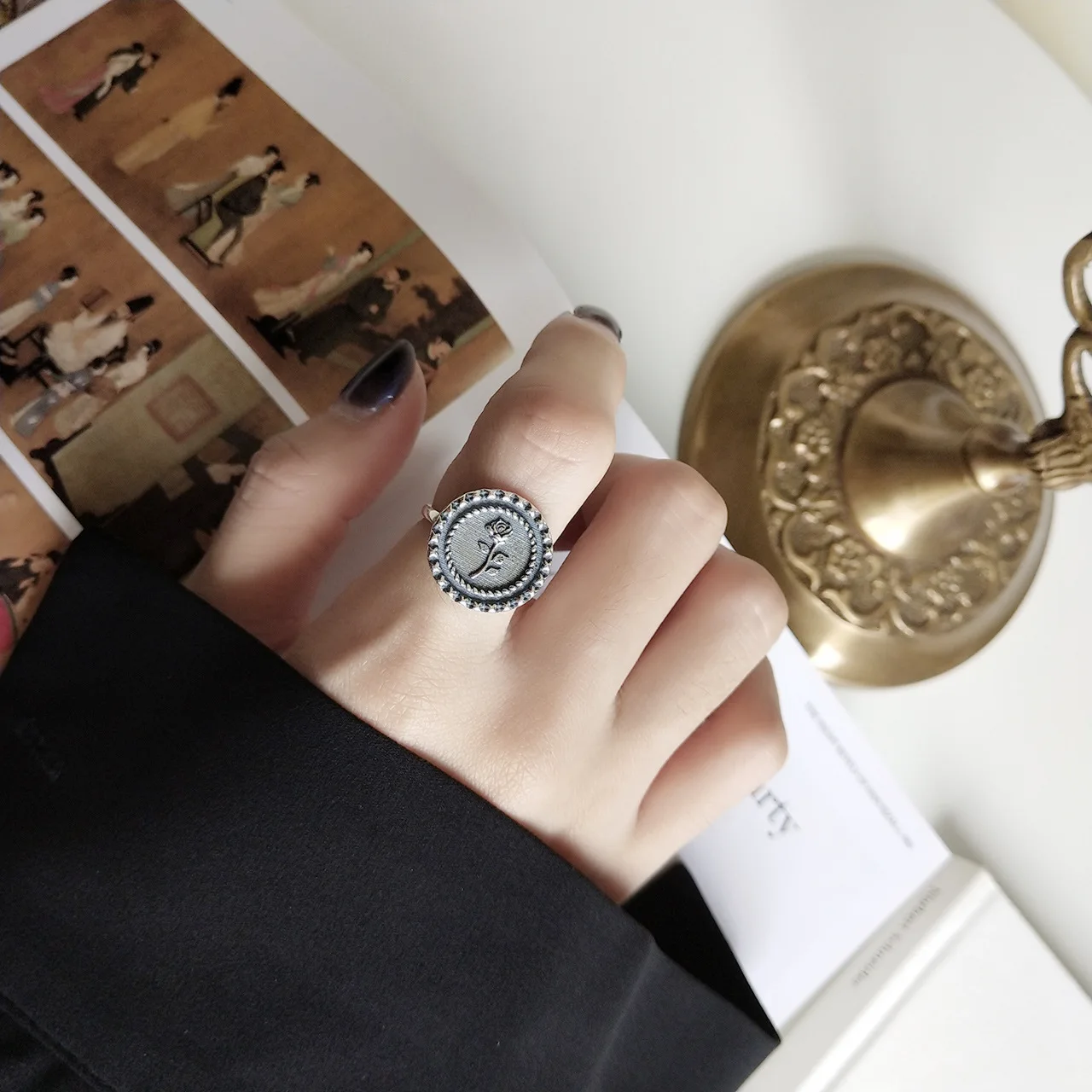 F.J4Z new arrival 100% S925 sterling silver fashion vintage women's rose carved medallion coin finger rings for party show | Украшения