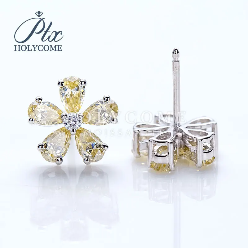 

18K WHITE GOLD PEAR CUT YELLOW MOISANITE FLOWER SHPAE PRONG SETTING EARRING 2020NEWEST STUD EARRING BLUKSALE CUSTOMIZED