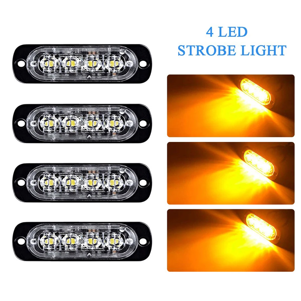 

SUHU 4x Amber 4-LED Flashing Recovery Strobe Car Emergency Grill Breakdown 12V Ultra-thin Strobe Car LED Flasher Lights Assembly