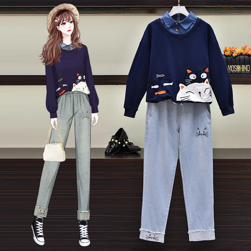 

Костюм с вышивкой Mori Girl из мультфильма, новинка, осенний костюм с аппликацией в виде кошки с имитацией двух лацканов, свободный свитер и джин...