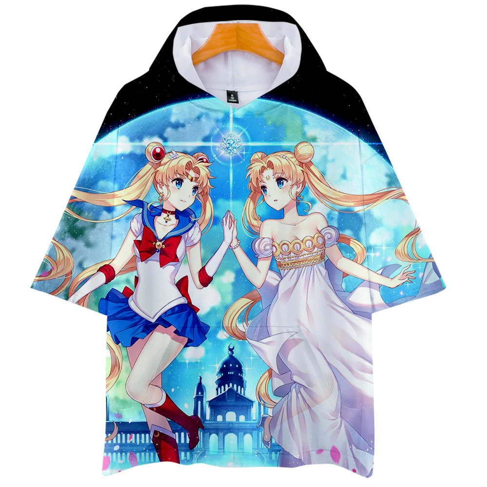

2019 Sailor Moon zomer T-Shirt 3D Print Vrouwen Mode Harajuku Cartoon Korte Mouw Japan Esthetiek Hooded Anime T-Shirt