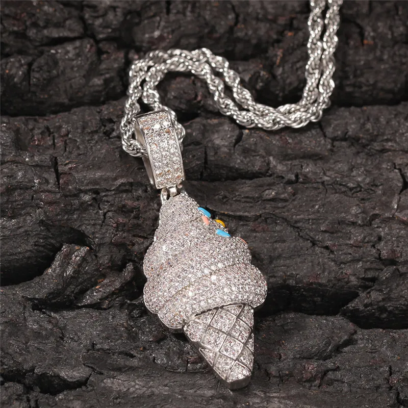 

New Fashion Cartoon Ice Cream Pendant Necklace Micro Paved Cubic Zircon Silver Plated Mens Bling Jewelry Gift