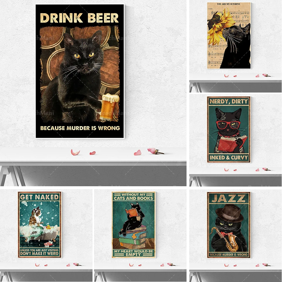 

Black cat poster, cat lover, funny cat poster, vintage cat poster without frame, creative gift for cat lover