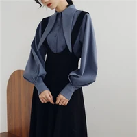 fashion retro french style dress women shirt and strap dress two piece set puff sleeve blouse and high waist slim outfits f2859