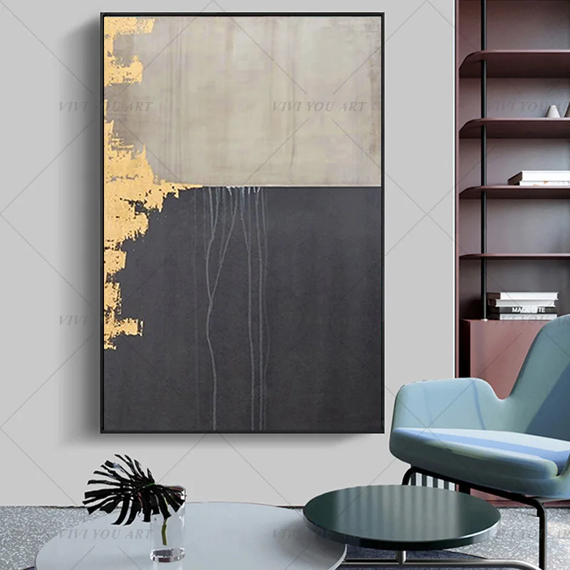 

Fashion 100% Handmade Abstract Golden Black Gray Oil Painting for Living Room Modern Painting wall decor picture art Gift