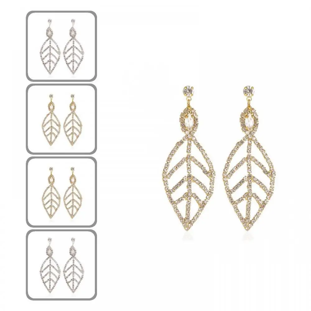 

Fashion Women Hollow Leaf Full Rhinestone Long Dangle Ear Stud Earrings Jewelry