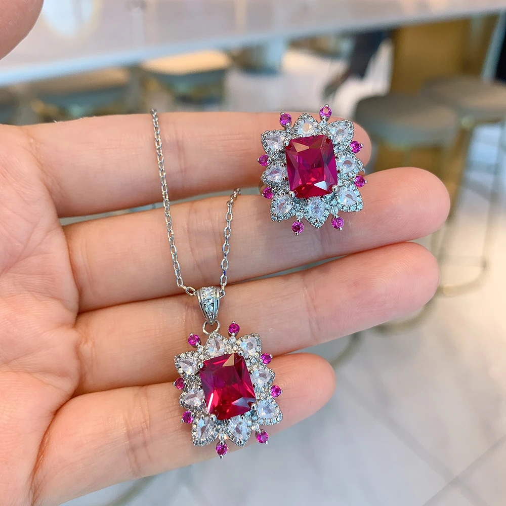 

2021 New Arrival 925 Sterling Silver 8*10mm Ruby Emerald Pendant Necklace Ring Charms Wedding Party Jewelry Sets Gift for Women