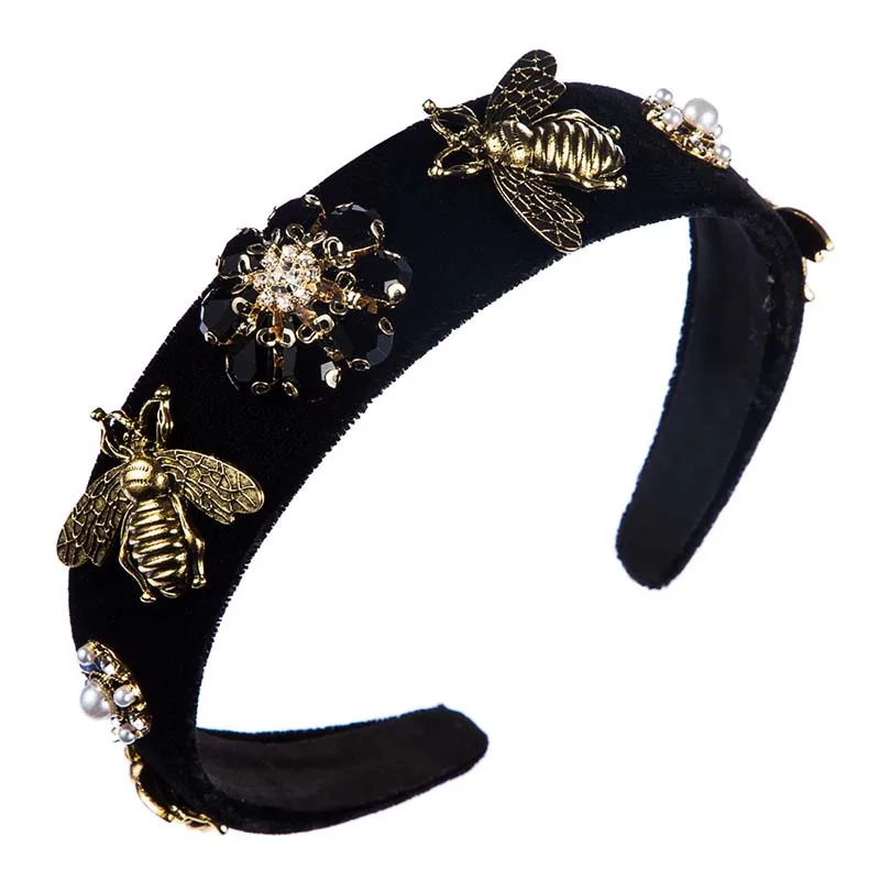 

Baroque Style Hairband European And American Fashion Retro Women Palace Style Headband Bee Wide-Brimmed Gold Velvet Headdress