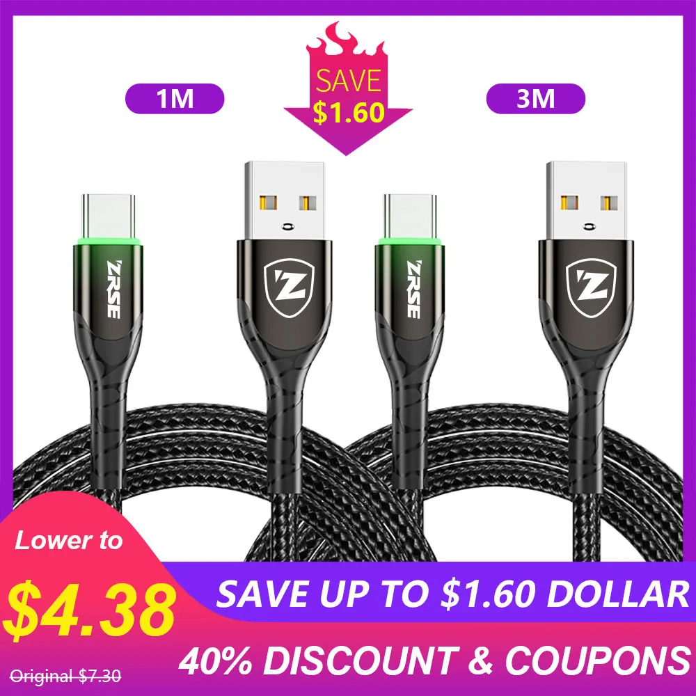 1M And 3M Black ZRSE светодиодный кабель usb type C 3M 2 м USB-C кабель передачи данных для быстрой зарядки телефона зарядное устройство Шнур для Xiaomi Redmi Note 8 7 huawei P30 Pro P20 - Цвет: 1M And 3M Black