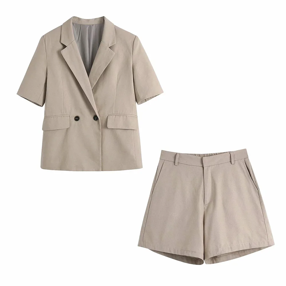 

BBWM Za 2021 Vintage 2 Pieces Set Women Coat Short Sleeve Jacket Female Office Straight Shorts Suit Two Pieces Sets Women