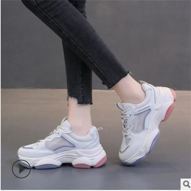 

Women Girl Female Ladies Vulcanized Shoes Sneakers Sports Lace Up Mesh Genuine Leather Increase Breathable YDL-G507