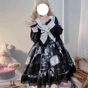 Japanese Lolita Style Harajuku Gothic Sweet Sailor Collar Cosplay Flare Sleeve Cartoon Print Lace Dress Kawaii Ruffles Dresses