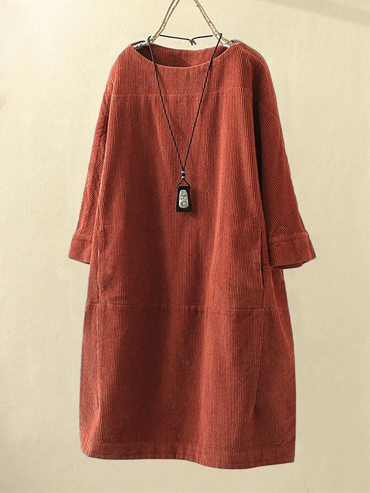 

Vintage Pockets Corduroy Solid Color Loose Casual Dress KZ016