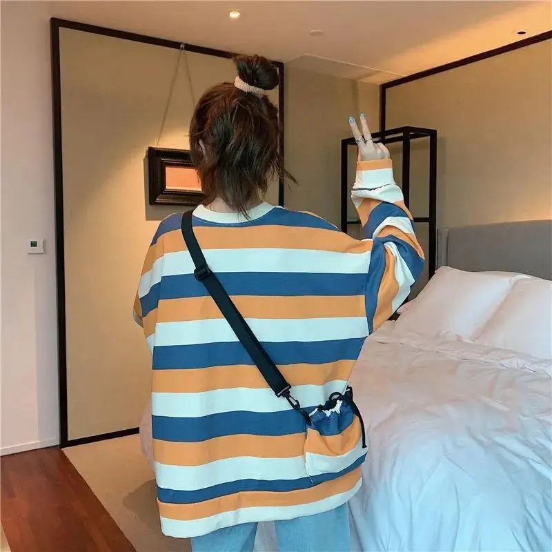 Women Sweetshirts Striped Autumn Korean Fashion Loose New L`ong-sleeved Shirt Harajuku Round Neck Pullover Y2k Kawaii Clothes