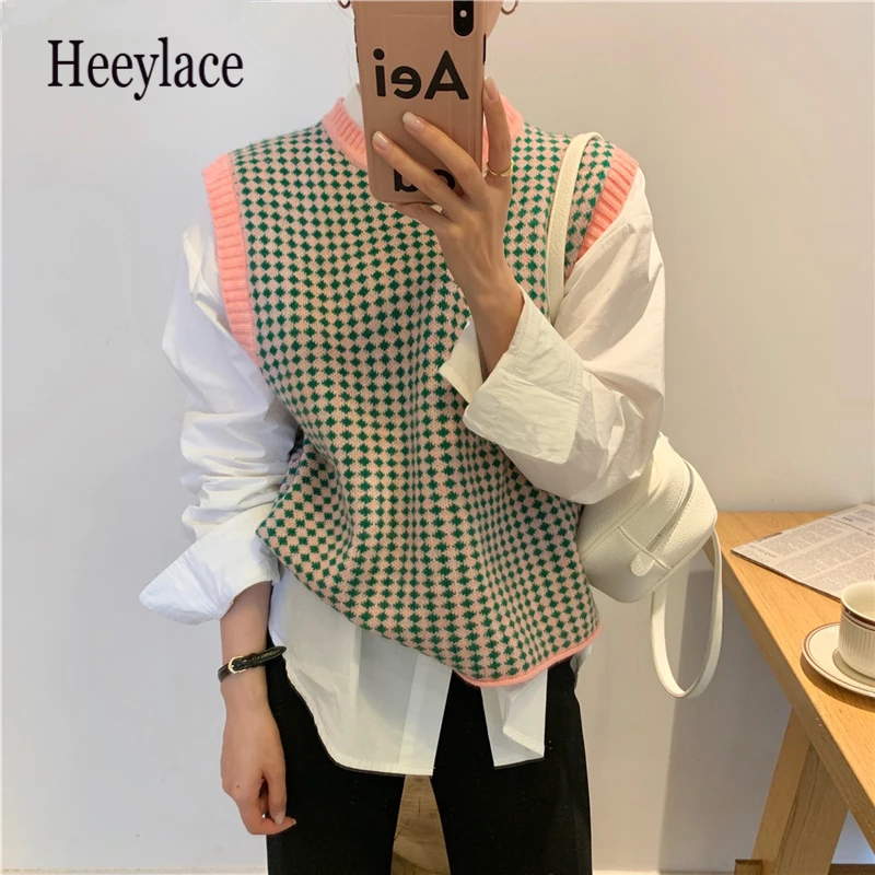 

Новинка 2021, осенне-зимние женские свитера, винтажный жилет оверсайз без рукавов, безрукавка в клетку, женские топы