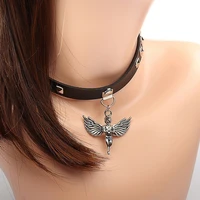 punk style leather collar ladies necklace rivet angel vintage personality pu neck strap clavicle chain women necklace