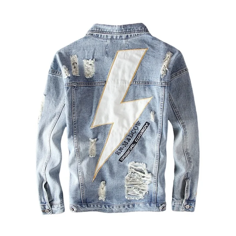 

Harajuku Casual Fashion Lightning Logo Washed Destroy Fades Vintage indigo Blue Denim Jacket Rock Sweatshirt Hip Hop Streetwear