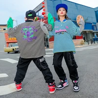 kid cool kpop outfit clothing for girl boy stripe oversized sweatshirt top streetwear tactical cargo pants hip hop dance costume