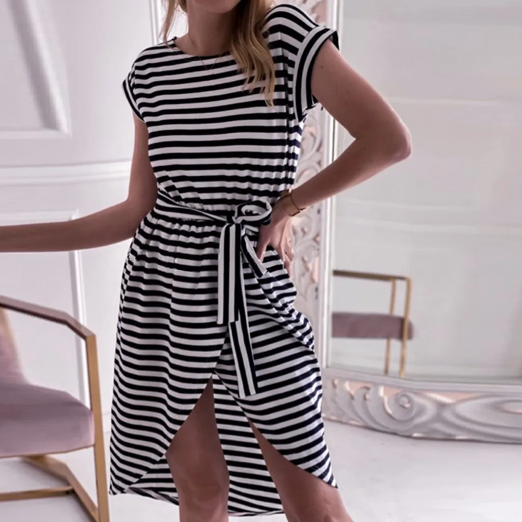 Dresses Women Stripe Short Sleeve O Neck Drawstring Waist Split Summer Dress 2020 Evening Party Beach Boho Vestidos #615 | Женская