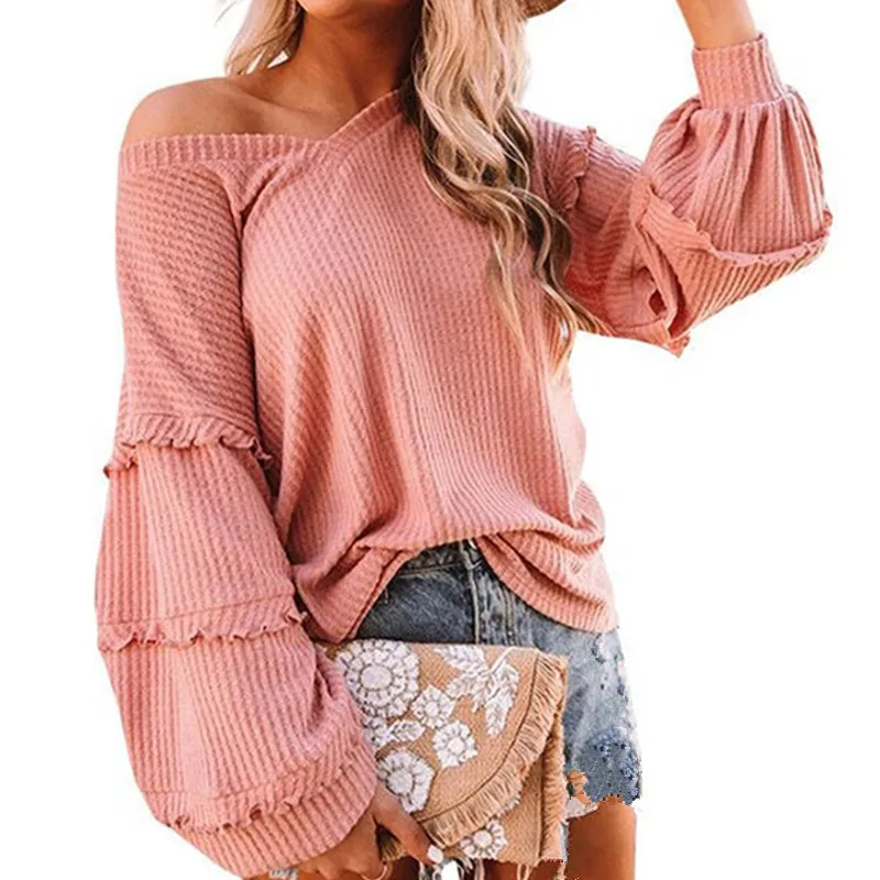 

OLOMLB Fashion Patchwork Ruffle Lantern Sleeve V Neck Autumn Winter Women T Shirt Loose Casual Pullover Solid Ladies Tees Cotton