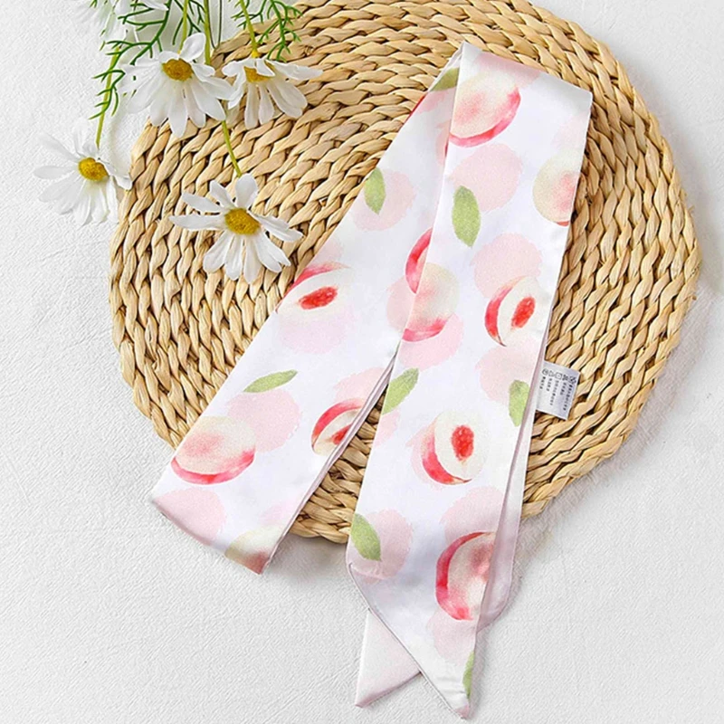 

Women Silky Skinny Long Narrow Neck Scarf Korean Vintage Floral Heart Print Neckerchief Ponytail Hairband Handle Wrap