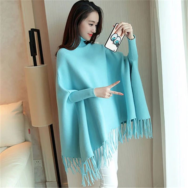 

2020 Women Spring Autumn Knitted Sweater Poncho Coat Solid Elegant Pullover Female Jumper Irregular Tassel Hem Cape Cloak