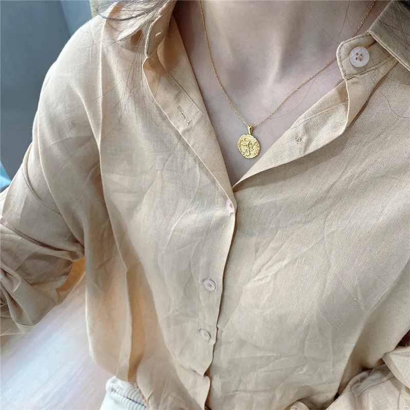 

RUIYI Real 925 Sterling Silver Women Vintage Style Handmade Lion Coin Pendant Necklace Make Old Distressed Chic Chokers Necklace