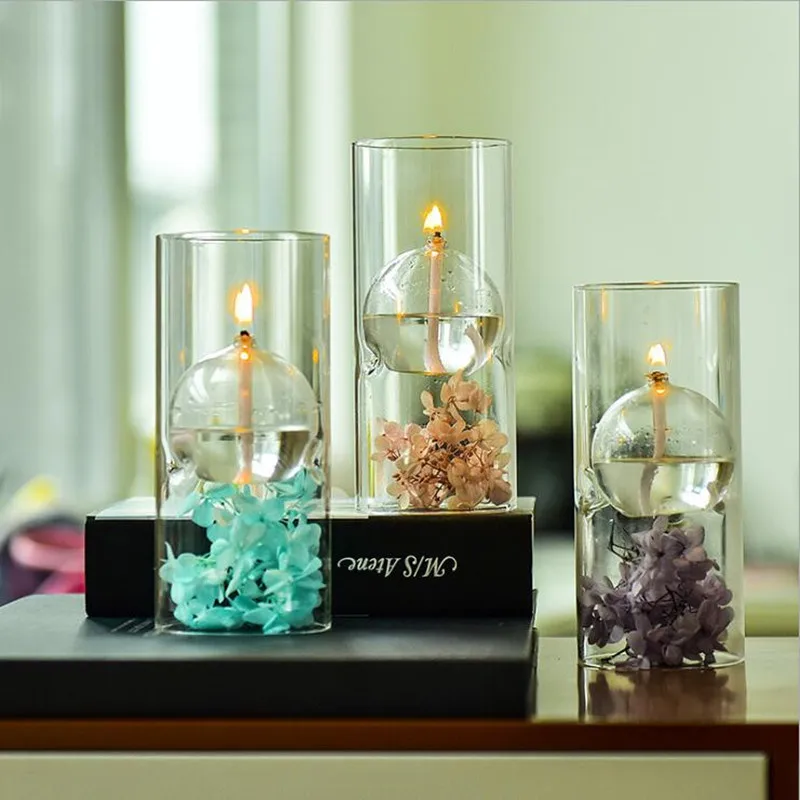 

Free Shipping 2pcs/pack 8*18cm Creative Transparent Cylinder Shaped Glass Candlestick Oil Lamp European Style Home Furnishings