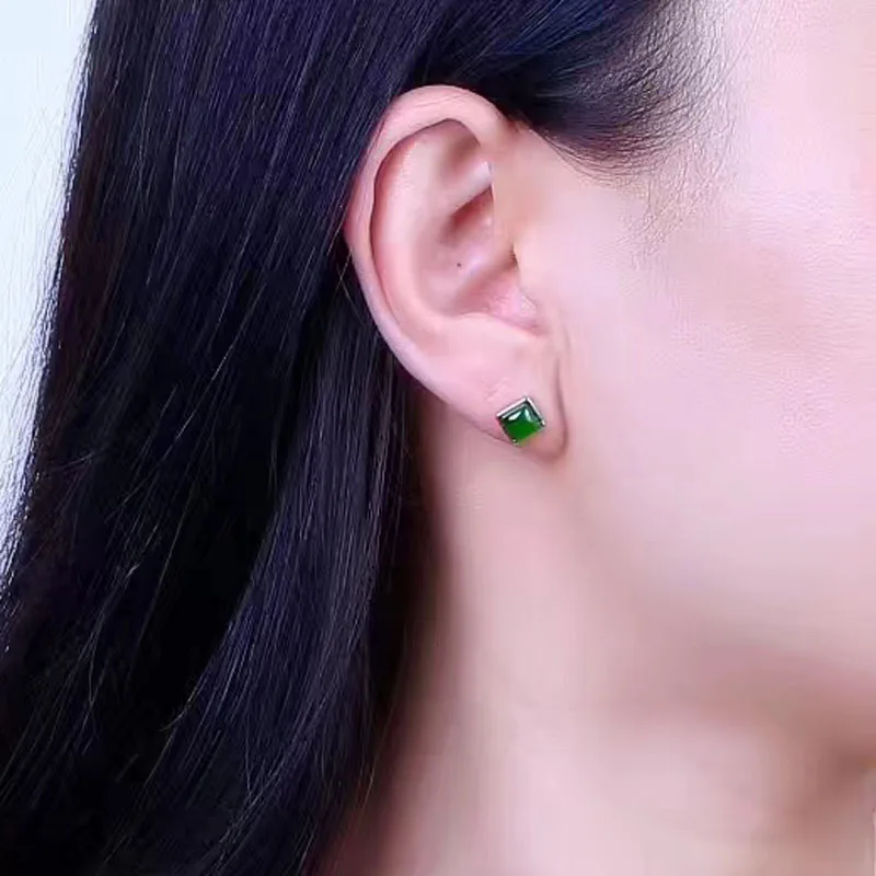 Jadery классические темно зеленые нефритовые серьги гвоздики для женщин 925 пробы