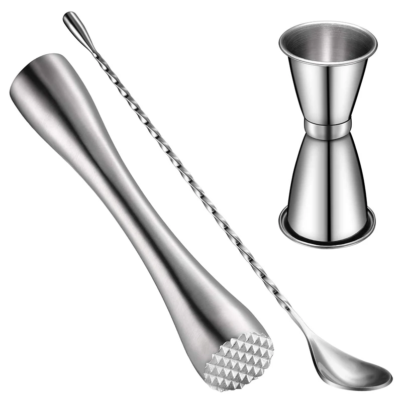 

Cocktail Shaker Set Stainless Steel Cocktail Muddler Double Cocktail Jigger and Spiral Pattern Bar Cocktail 3 Pack