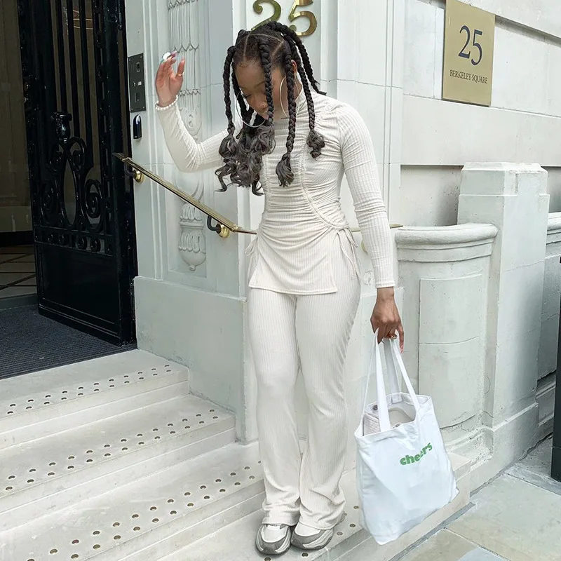 

Causal Women Tracksuit Two Piece Set Pleated Solid Color Paortsuit Matching Set Drawstring Winter Clothes For Women Outfit