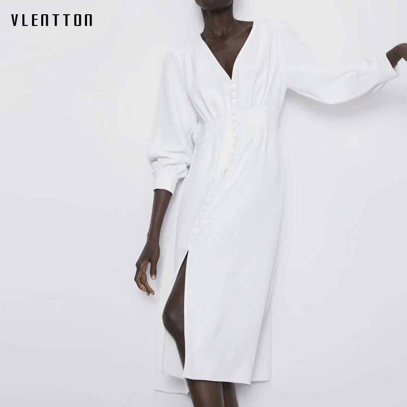 Женское платье миди на пуговицах однотонное белое трапеция с длинным рукавом и