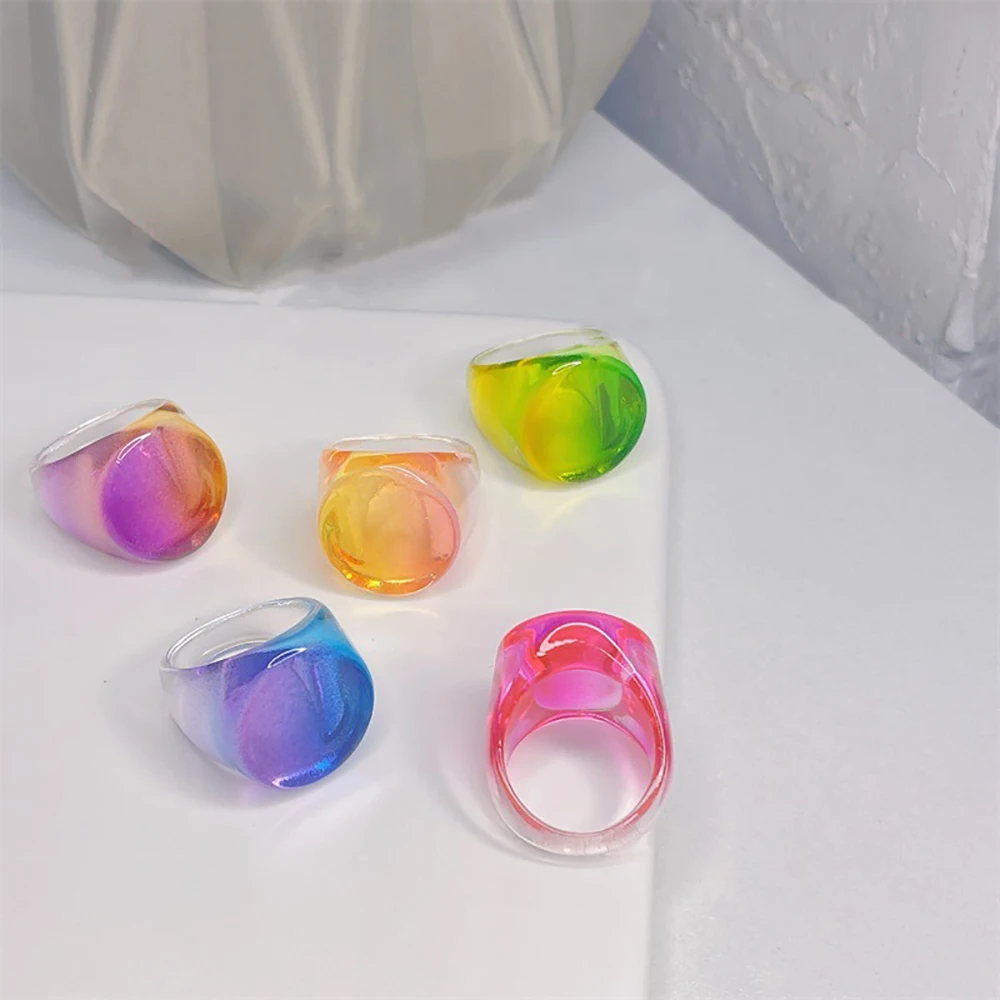 

Ghidbk Summer Candy Color Transparent Rainbow Resin Geometric Irregular Gradient Square Rings For Women Colorful Round Ring Gift