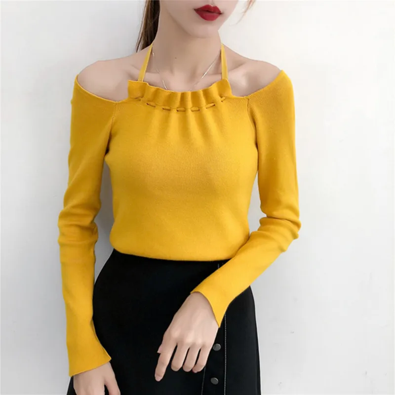 Женский трикотажный пуловер топы осень 2019 Плиссированный Воротник халтер