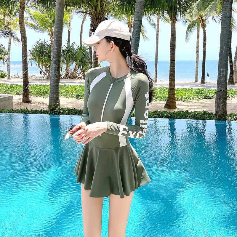 

Women Sport Swimwear Long Sleeve Suncreen Surfing Suit Zipper Rash Guard One Piece Bathsuit Beach Tummy Controll Swimdress