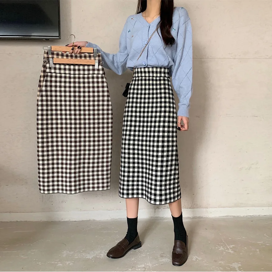 Элегантная клетчатая трикотажная Женская юбка-свитер 2020 осень-зима Эластичная