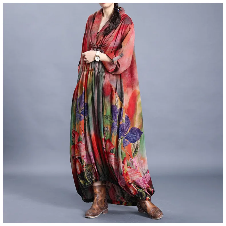 Женское модельное дизайнерское платье макси повседневное Длинное свободное с v