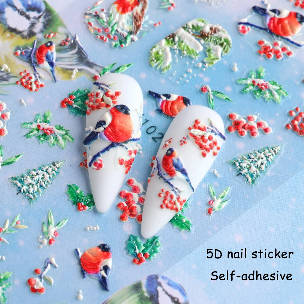 Наклейка для ногтей 5D Рождество и новый год дизайн снег птица снегирь наклейки на